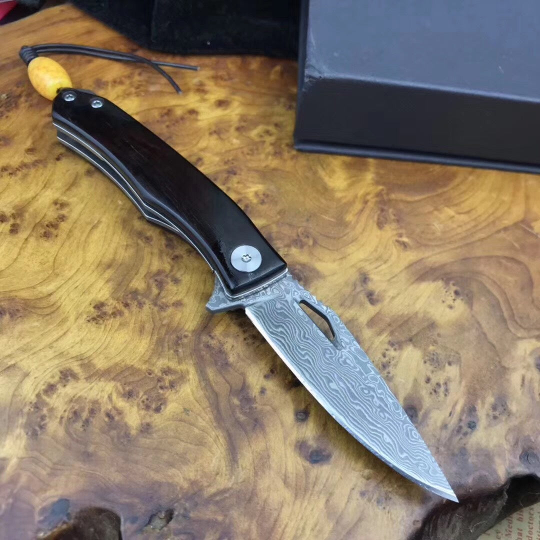 "Small Damascus steel" folding knife small pocket knife wooden handle collection gift carry-on key chain outdoor survival camping hunting knife