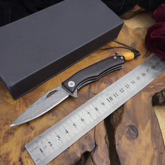 "Small Damascus steel" folding knife small pocket knife wooden handle collection gift carry-on key chain outdoor survival camping hunting knife