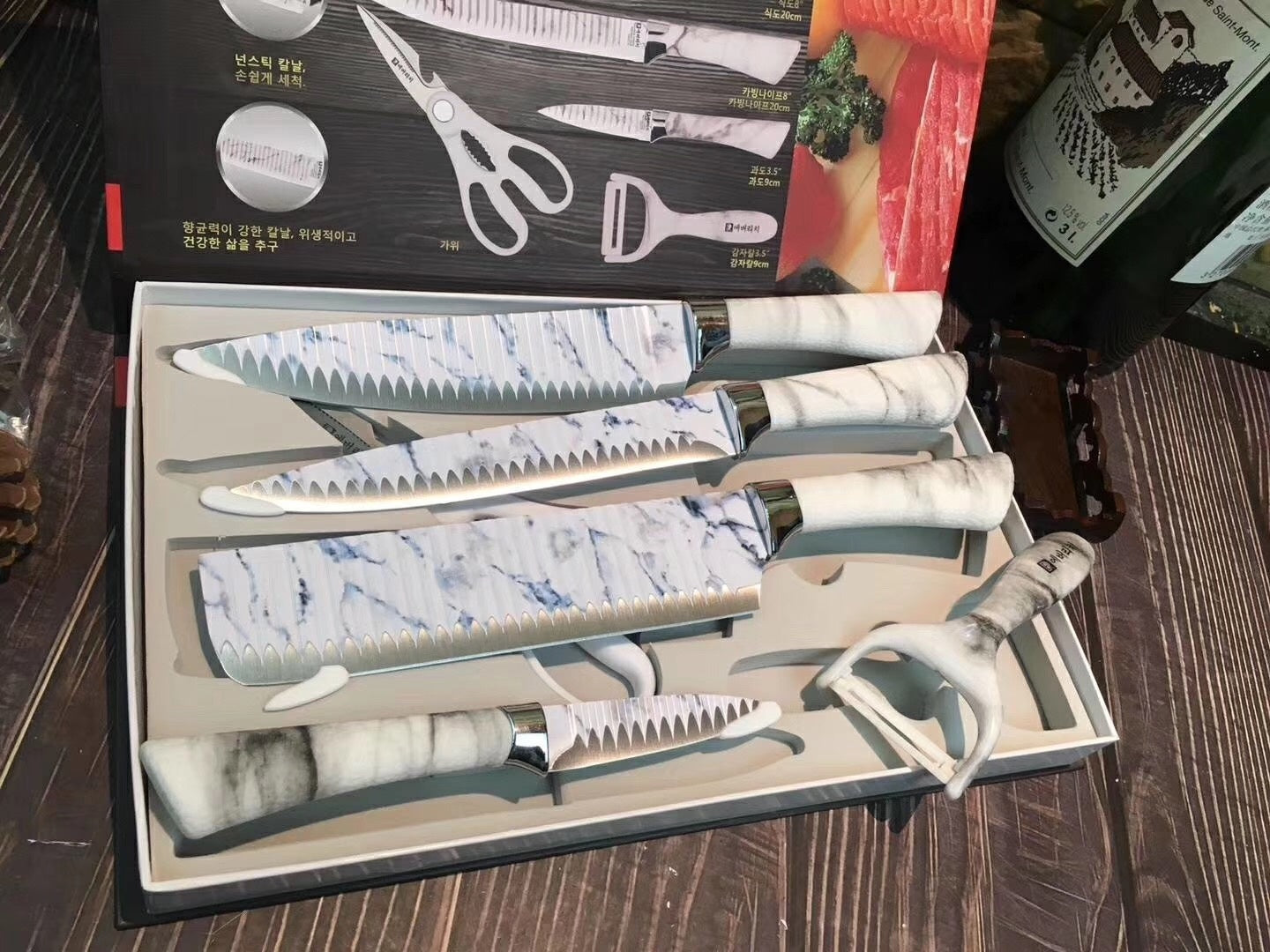 Kitchen Knives Set 6pcs EVERRICH 8" Chef Knife 8" Carving Knife 8" Small Cleaver 3.5" Paring Knife Scissors Ceramic Peeler Two colors are available