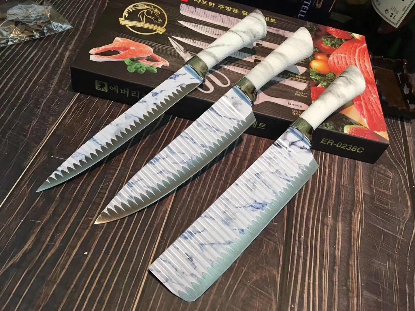 Kitchen Knives Set 6pcs EVERRICH 8" Chef Knife 8" Carving Knife 8" Small Cleaver 3.5" Paring Knife Scissors Ceramic Peeler Two colors are available