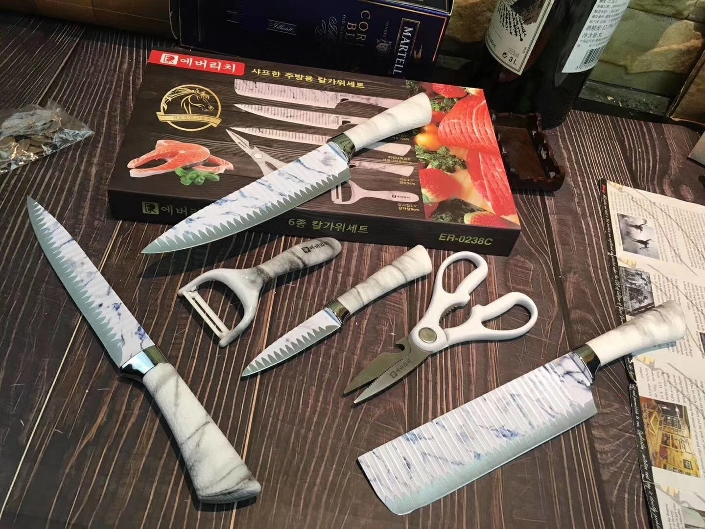 Kitchen Knives Set 6pcs EVERRICH 8" Chef Knife 8" Carving Knife 8" Small Cleaver 3.5" Paring Knife Scissors Ceramic Peeler Two colors are available