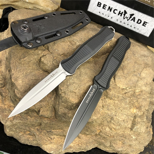 BENCHMADE 133BK Tactical Fixed Blade Knives Infidel 4.52" D2 Satin Double Edge Dagger Blade, Black &White Nylon Glass Fiber Handles, Boltaron Sheath