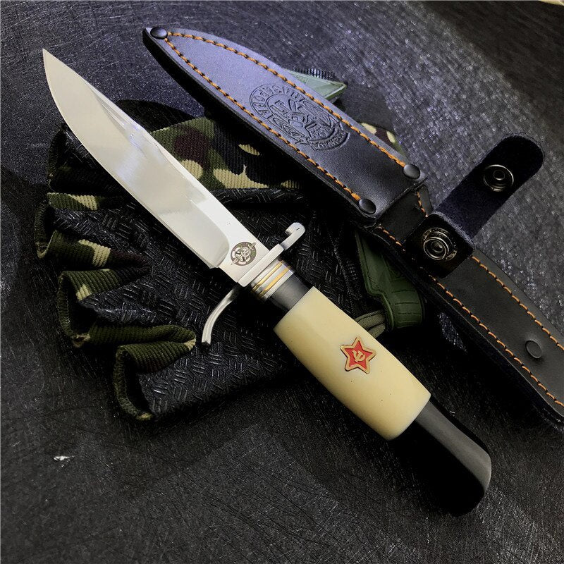 Russian Finka NKVD KGB Wit Fixed Blade Knife Hunting Pocket Outdoor EDC Camping Knife White Resin Handle 440C Blade Mirror