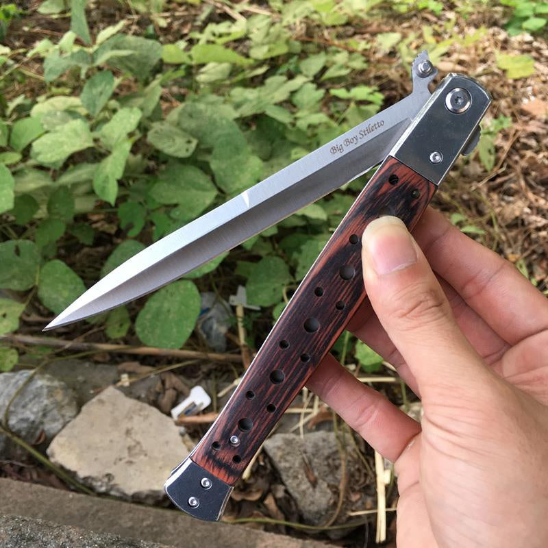 13" Spring Assisted STILETTO Pocket Knife Italian Folding Tactical Stiletto Knifes Wood Handle Wilderness Self-defense Knife Pocket Survival Knife New