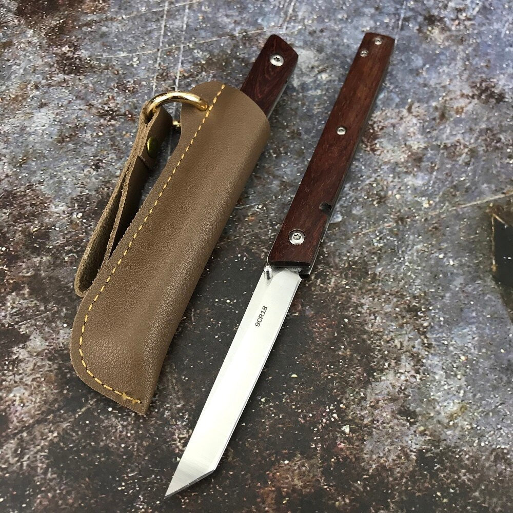 Multi-Purpose CEO Pocket Folding Knife 9Cr18 Steel Knife Outdoor Survival EDC Camping With Rosewood Handle Gift Leather Cover