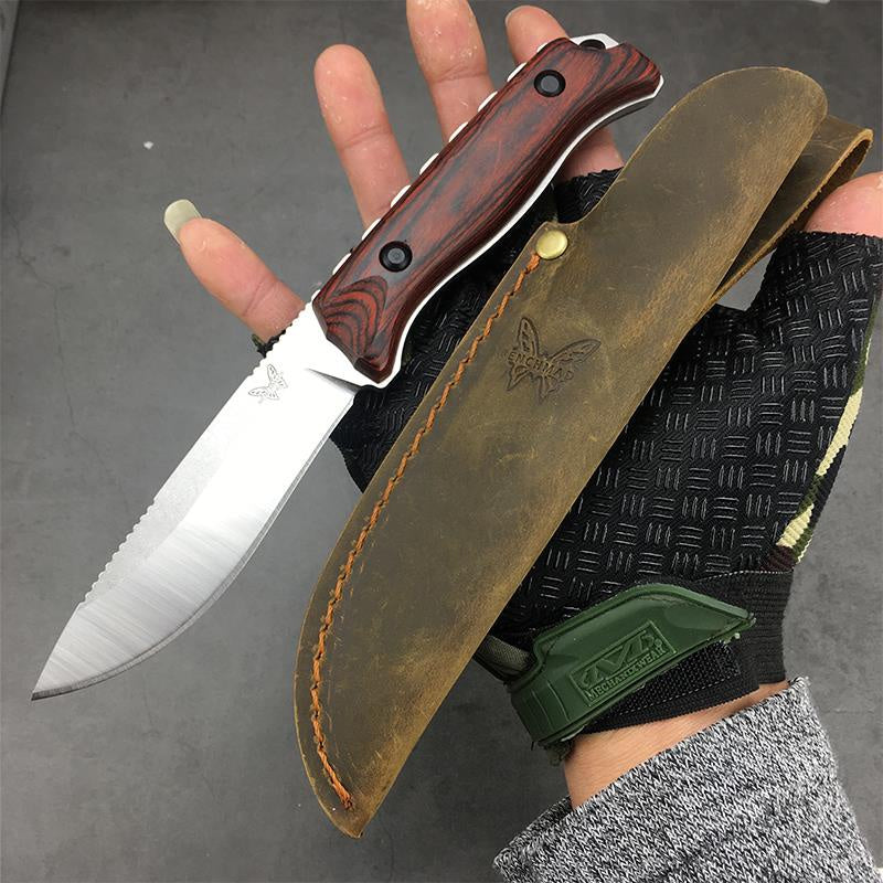 Benchmade Hunt Hidden Canyon Hunter Fixed Blade Knife 2.79" S30V Drop Point, Stabilized Wood Handles, Leather Sheath - 15017