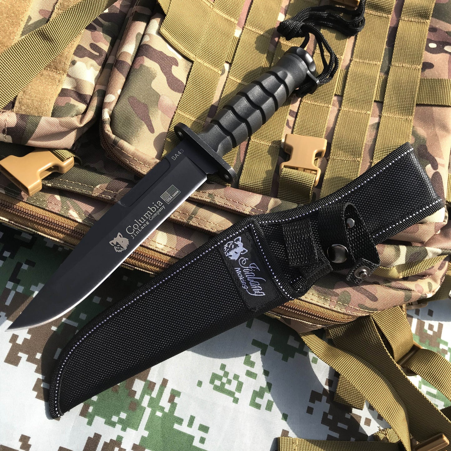 Columbia BLACK TACTICAL HUNTING FIXED BLADE MILITARY COMBAT SURVIVAL KNIFE + NYLON SHEATH