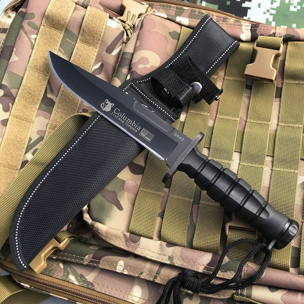 Columbia BLACK TACTICAL HUNTING FIXED BLADE MILITARY COMBAT SURVIVAL KNIFE + NYLON SHEATH