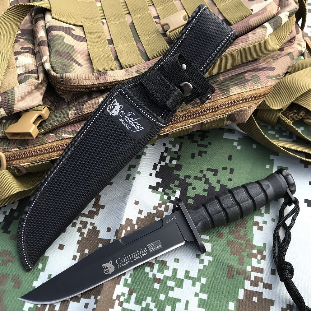 Columbia BLACK TACTICAL HUNTING FIXED BLADE MILITARY COMBAT SURVIVAL KNIFE + NYLON SHEATH