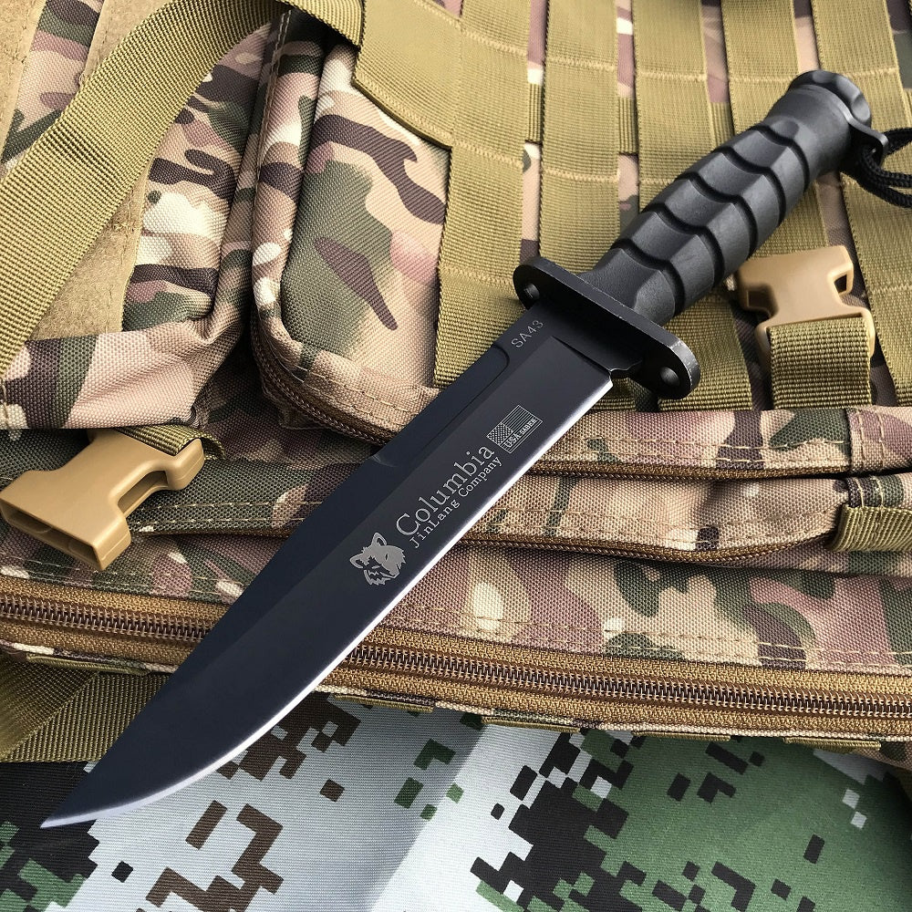 Columbia BLACK TACTICAL HUNTING FIXED BLADE MILITARY COMBAT SURVIVAL KNIFE + NYLON SHEATH