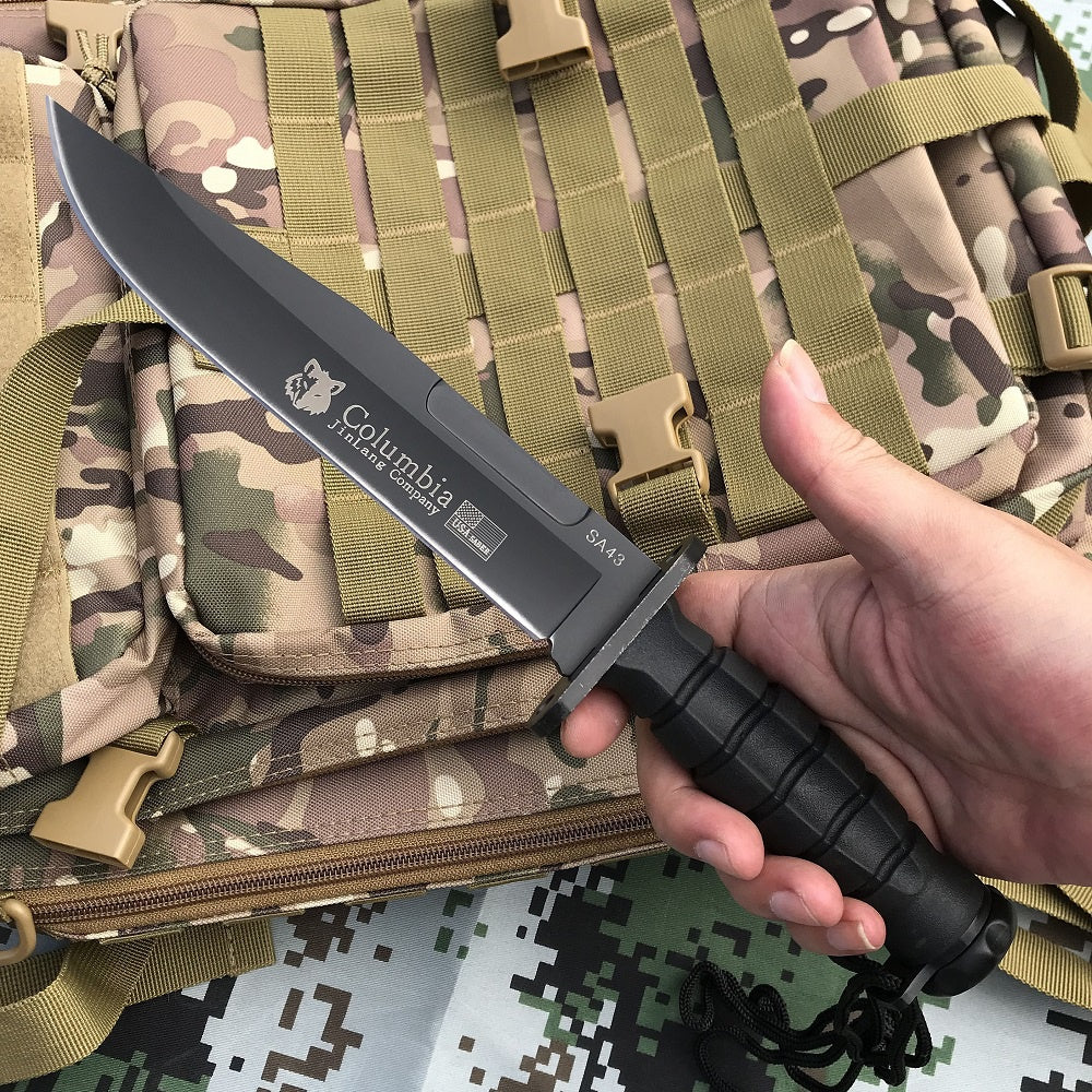 Columbia BLACK TACTICAL HUNTING FIXED BLADE MILITARY COMBAT SURVIVAL KNIFE + NYLON SHEATH