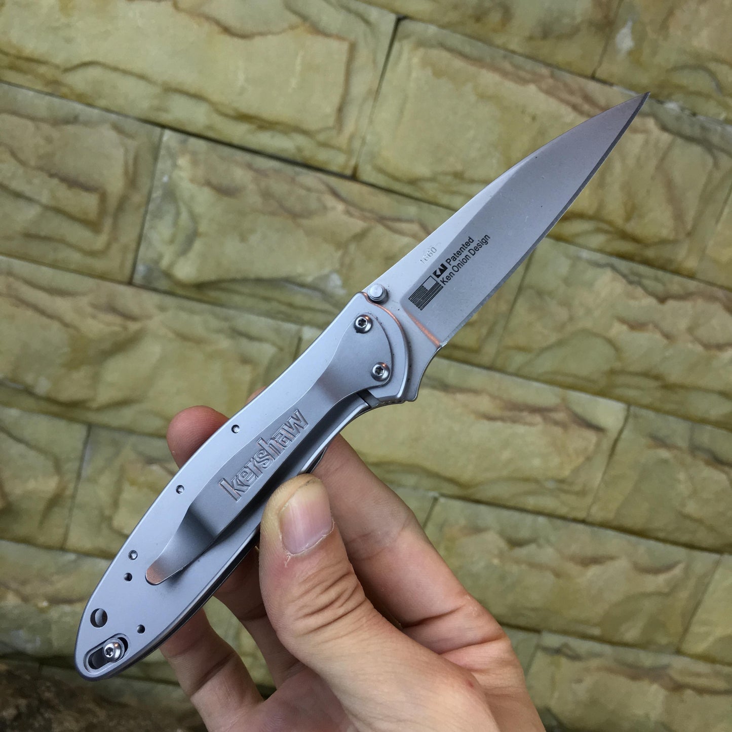 Kershaw 1660 Folding Knife Ken Onion Leek Assisted Flipper Pocket Folding Knife 3"" Bead Blast Plain Blade, Stainless Steel Handles Sandvik 14C28N Blade Best Buy from Outdoor Gear Lab Includes Frame Lock, SpeedSafe Assisted Opening and Reversible Pocketcl