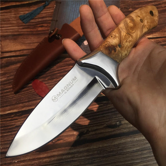 Stainless Steel Blade Shadow Wood Handle Straight Knife Hunting Tactical Outdoor Tool Knives for Outdoor Survival Leather Sheath