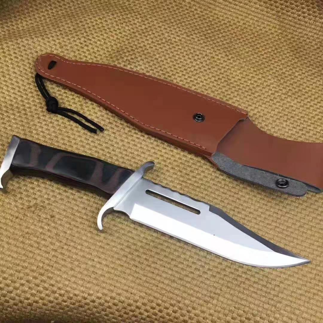 Rambo Wooden Handle Straight Knife Military Tactical Classic Serrated Dagger Fixed Blade Knife With Leather Sheath 58HRC