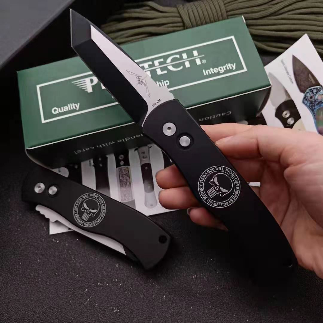 High Hardness Pro-Tech CQC7 AUTO Spring Assisted Tactical Pocket Knife Cryogenic Heat Treatment Surface Titanium-Plated Wire Drawing 154-CM Blade Handle Material 6061-T6 Space Aluminum, Full CNC Processing