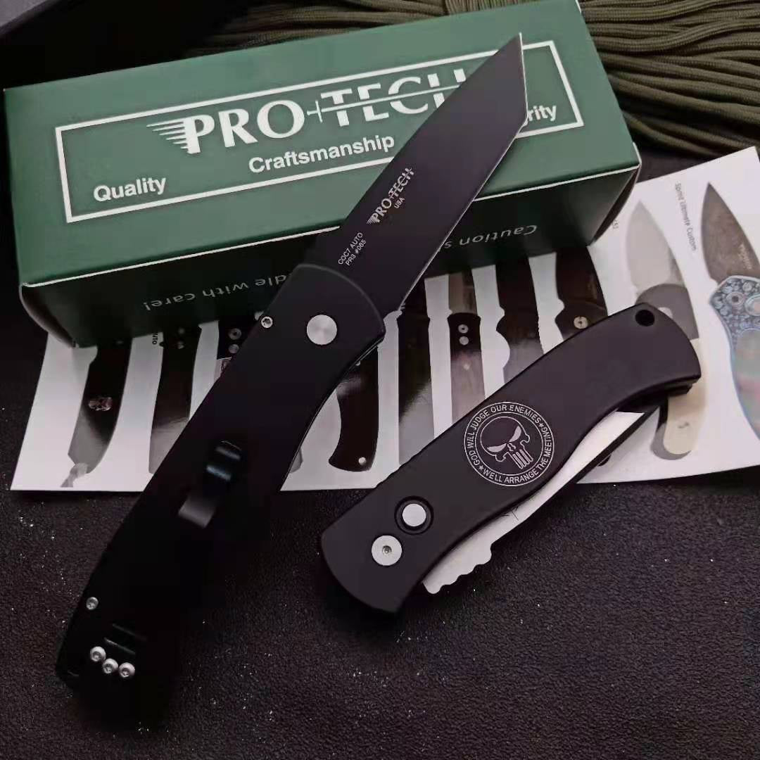 High Hardness Pro-Tech CQC7 AUTO Spring Assisted Tactical Pocket Knife Cryogenic Heat Treatment Surface Titanium-Plated Wire Drawing 154-CM Blade Handle Material 6061-T6 Space Aluminum, Full CNC Processing