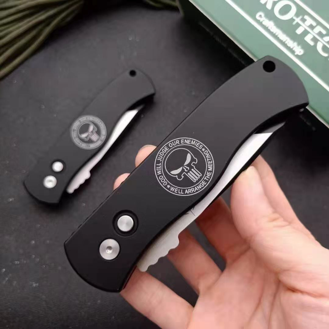High Hardness Pro-Tech CQC7 AUTO Spring Assisted Tactical Pocket Knife Cryogenic Heat Treatment Surface Titanium-Plated Wire Drawing 154-CM Blade Handle Material 6061-T6 Space Aluminum, Full CNC Processing
