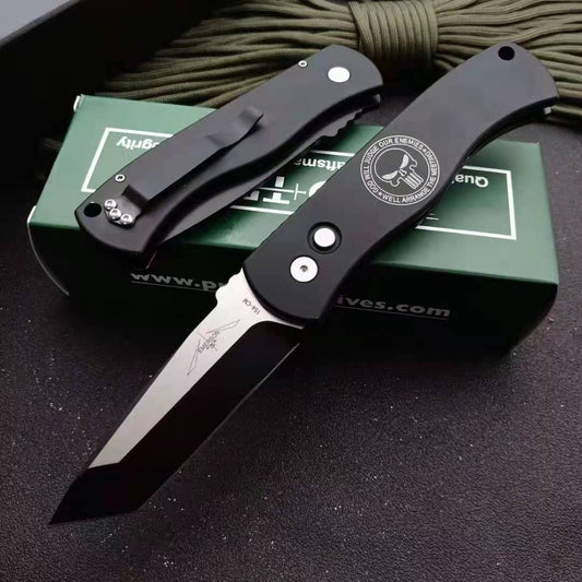 High Hardness Pro-Tech CQC7 AUTO Spring Assisted Tactical Pocket Knife Cryogenic Heat Treatment Surface Titanium-Plated Wire Drawing 154-CM Blade Handle Material 6061-T6 Space Aluminum, Full CNC Processing