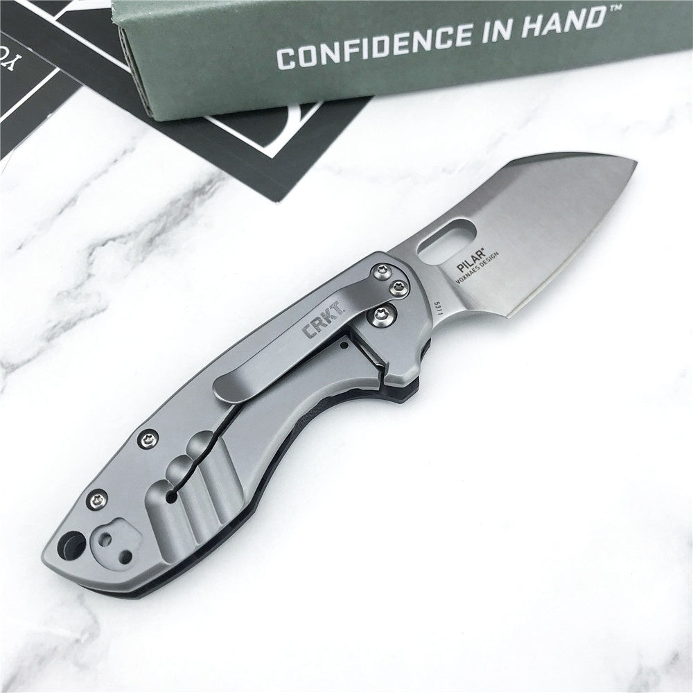 CRKT 5311 Pilar Carbon Fiber Handle EDC Folding Pocket Knife， Compact Everyday Carry, Satin Blade with Finger Choil, Thumb Slot Open, Frame Lock Stainless Handle, Reversible Pocket Clip 5311