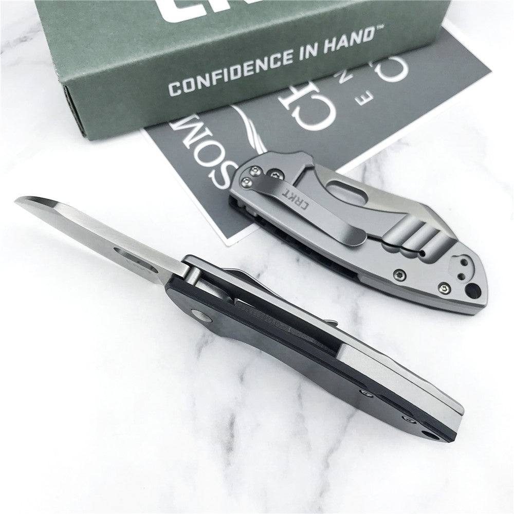 CRKT 5311 Pilar Carbon Fiber Handle EDC Folding Pocket Knife， Compact Everyday Carry, Satin Blade with Finger Choil, Thumb Slot Open, Frame Lock Stainless Handle, Reversible Pocket Clip 5311