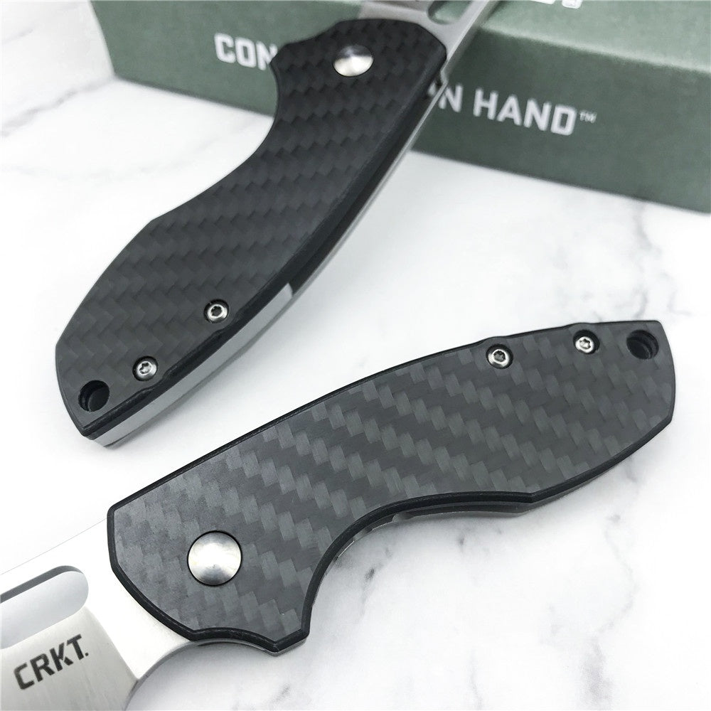 CRKT 5311 Pilar Carbon Fiber Handle EDC Folding Pocket Knife， Compact Everyday Carry, Satin Blade with Finger Choil, Thumb Slot Open, Frame Lock Stainless Handle, Reversible Pocket Clip 5311