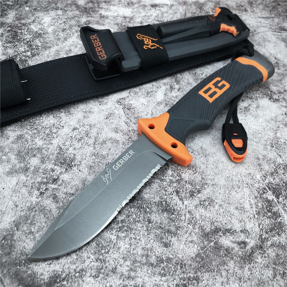Gerber 31-000751 Bear Grylls Survival Knife 4.8"" Combo Blade, Rubber Grip Handle Sheath Whistle FireStar Camping Outdoor Sports Hunting Tools