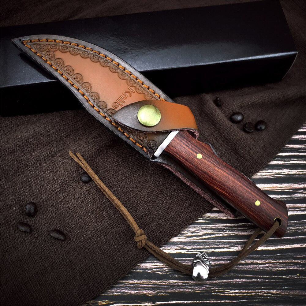 Fixed Blade Knife 7CR13MOV Steel Tactical Straight Knife Rosewood Handle Knife EDC Pocket Knife Fishing Knife Gift Cowskin Scabbard