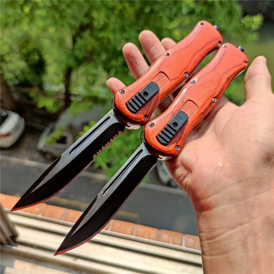 Out The Front OTF BENCHMADE A016 Tactical Knifes Wooden Handle Outdoor Pocket Camping Survuval EDC Tools Safety Cutting DOUBLE-ACTION Switch Blade Knife Christmas Gift Knife Sheath