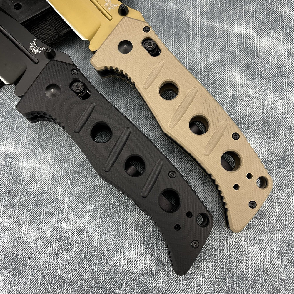 Benchmade 275SGY-1 Shane Sibert Adamas Folding EDC Knife 3.78" CruWear Tungsten Gray Combo/Flat Dark Earth Plain Blade, Black/OD Green G10 Handles, Ballistic Nylon Sheath