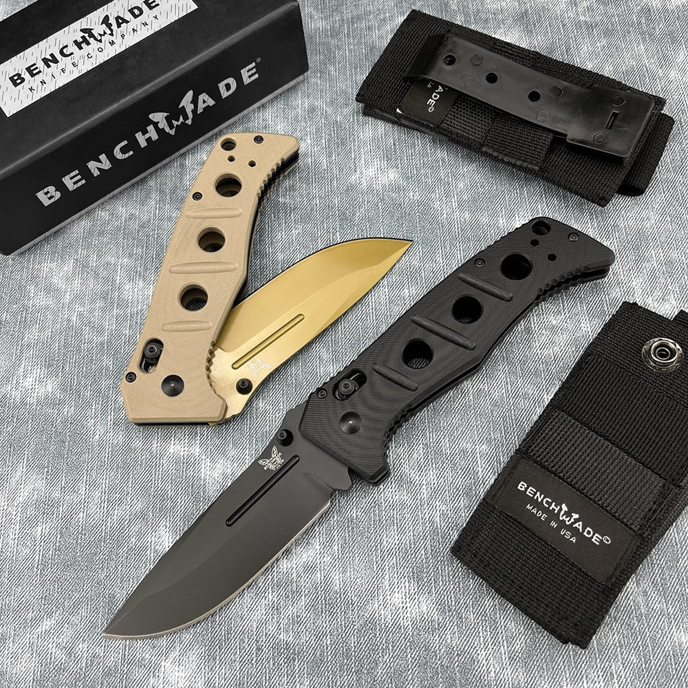 Benchmade 275SGY-1 Shane Sibert Adamas Folding EDC Knife 3.78" CruWear Tungsten Gray Combo/Flat Dark Earth Plain Blade, Black/OD Green G10 Handles, Ballistic Nylon Sheath