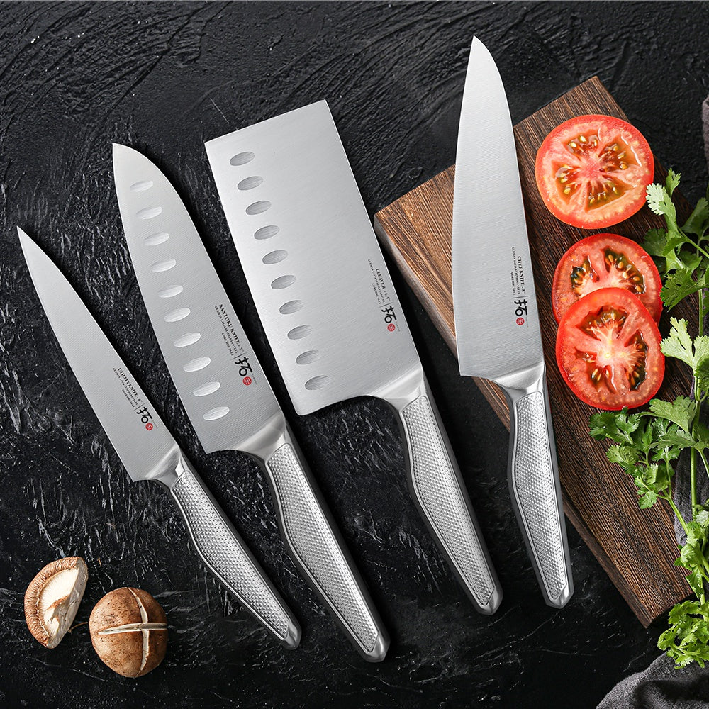 TURWHO 4-Pieces Kitchen Knife Set Professional High Carbon Stainless Steel Kitchen Knives Sets German 1.4116 Steel Chef Knives Set 6.5\ Cleaver 8\ Chef Knife 7\ Santoku Knife 6\ Utility Knife
