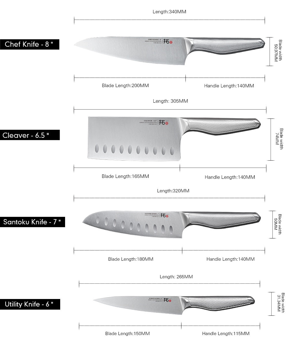 TURWHO 4-Pieces Kitchen Knife Set Professional High Carbon Stainless Steel Kitchen Knives Sets German 1.4116 Steel Chef Knives Set 6.5\ Cleaver 8\ Chef Knife 7\ Santoku Knife 6\ Utility Knife