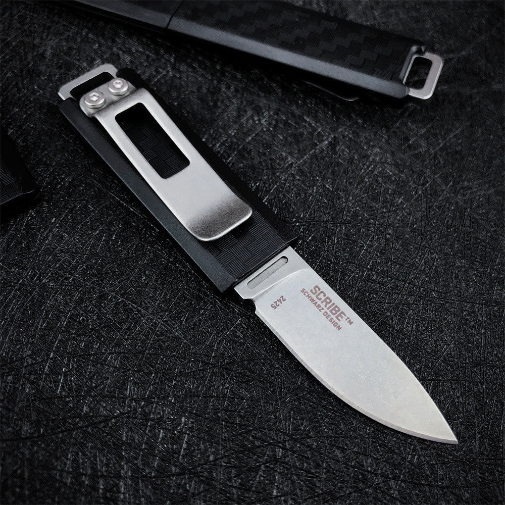 CRKT Scribe EDC Knife: Compact Everyday Carry Fixed Blade, Stonewash finish, Black Thermoplastic Handle, and Cap 2425