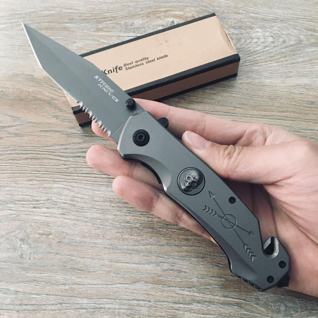 Strider 8" Spring Assisted Automatic Opening Folding Knife Tactical Multi-functional Blade Camping Survival All-Steel Pocket Knife Tail Broken Window + Rope Cutter