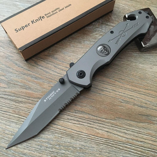 Strider 8" Spring Assisted Automatic Opening Folding Knife Tactical Multi-functional Blade Camping Survival All-Steel Pocket Knife Tail Broken Window + Rope Cutter