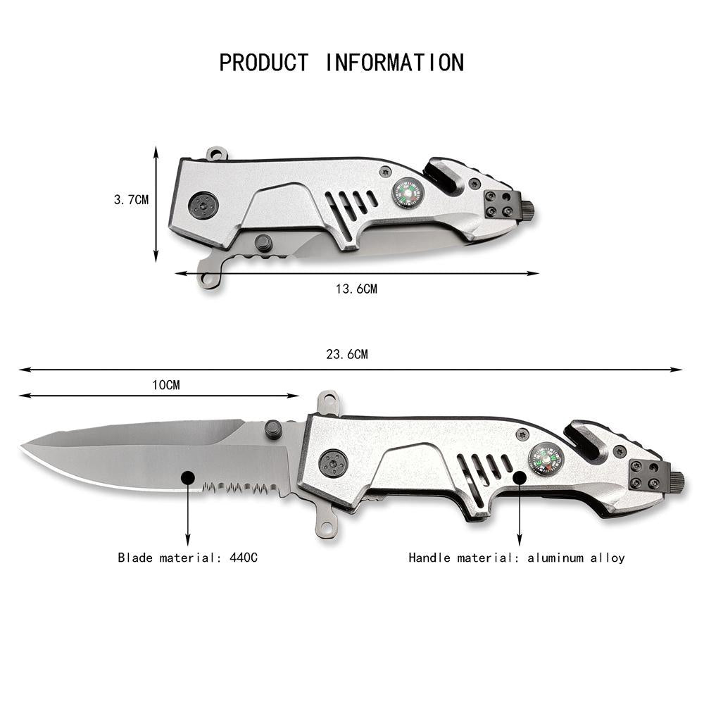 New EXTREMA RATIO Launch Semi-automatic Pocket Knife Spring Assisted Opening Folding Knife (aluminum Handle 440 Blade+ Compass +Seat Belt Cutter+Glass Breaker）Outdoor Camping Survival Tools