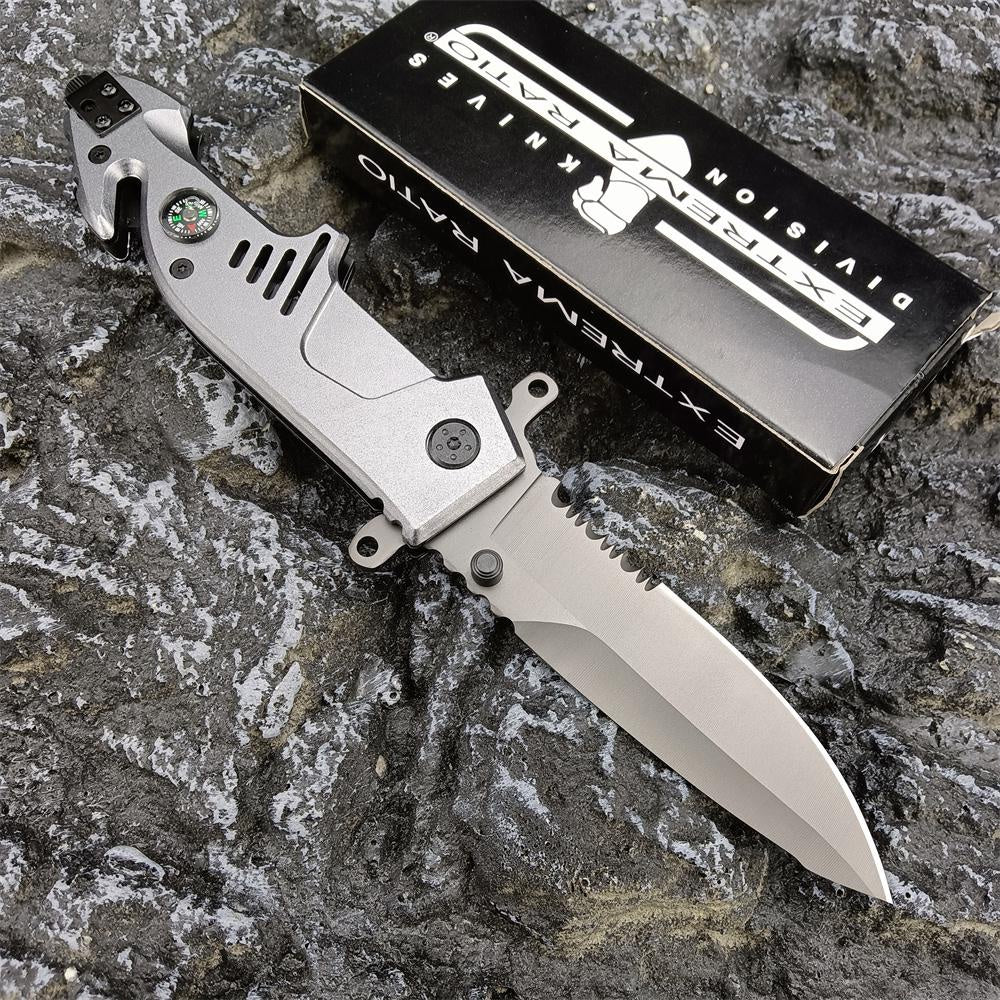 New EXTREMA RATIO Launch Semi-automatic Pocket Knife Spring Assisted Opening Folding Knife (aluminum Handle 440 Blade+ Compass +Seat Belt Cutter+Glass Breaker）Outdoor Camping Survival Tools