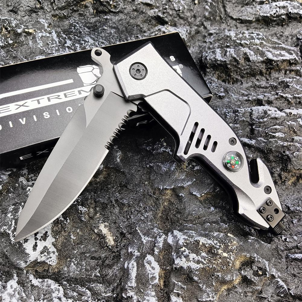 New EXTREMA RATIO Launch Semi-automatic Pocket Knife Spring Assisted Opening Folding Knife (aluminum Handle 440 Blade+ Compass +Seat Belt Cutter+Glass Breaker）Outdoor Camping Survival Tools