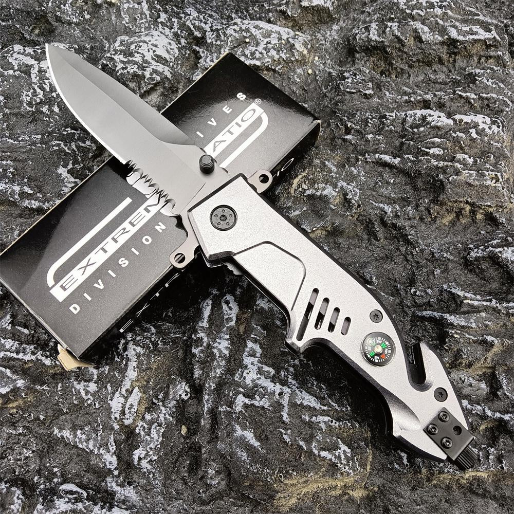New EXTREMA RATIO Launch Semi-automatic Pocket Knife Spring Assisted Opening Folding Knife (aluminum Handle 440 Blade+ Compass +Seat Belt Cutter+Glass Breaker）Outdoor Camping Survival Tools