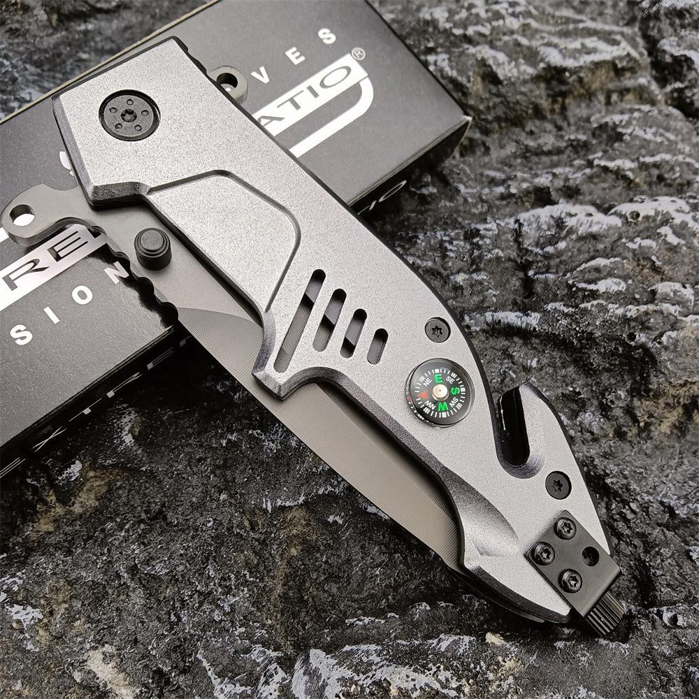 New EXTREMA RATIO Launch Semi-automatic Pocket Knife Spring Assisted Opening Folding Knife (aluminum Handle 440 Blade+ Compass +Seat Belt Cutter+Glass Breaker）Outdoor Camping Survival Tools