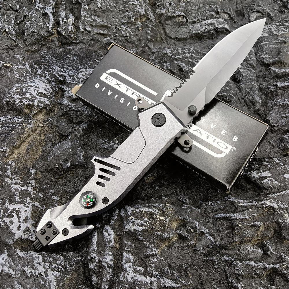 New EXTREMA RATIO Launch Semi-automatic Pocket Knife Spring Assisted Opening Folding Knife (aluminum Handle 440 Blade+ Compass +Seat Belt Cutter+Glass Breaker）Outdoor Camping Survival Tools