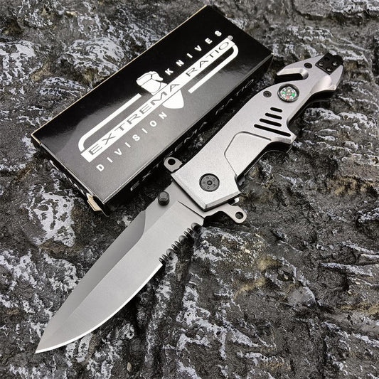 New EXTREMA RATIO Launch Semi-automatic Pocket Knife Spring Assisted Opening Folding Knife (aluminum Handle 440 Blade+ Compass +Seat Belt Cutter+Glass Breaker）Outdoor Camping Survival Tools