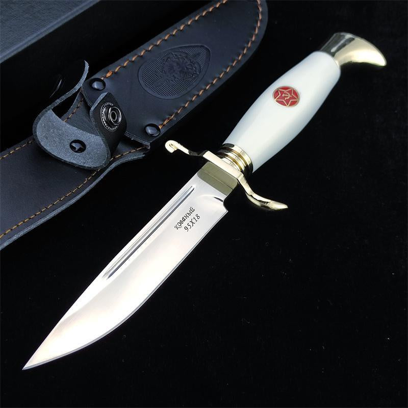 EW Russian Finka NKVD (KGB) Wit Fixed Blade Knife 95X18 Mirror Polish Drop-Point Blade Black/White Acrylic Handle Black Sheath Camping Hunting Jungle Stright Knife (2 style)