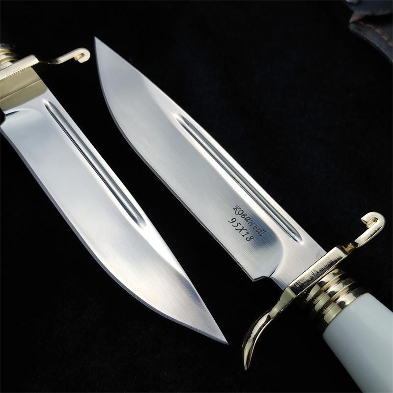 EW Russian Finka NKVD (KGB) Wit Fixed Blade Knife 95X18 Mirror Polish Drop-Point Blade Black/White Acrylic Handle Black Sheath Camping Hunting Jungle Stright Knife (2 style)