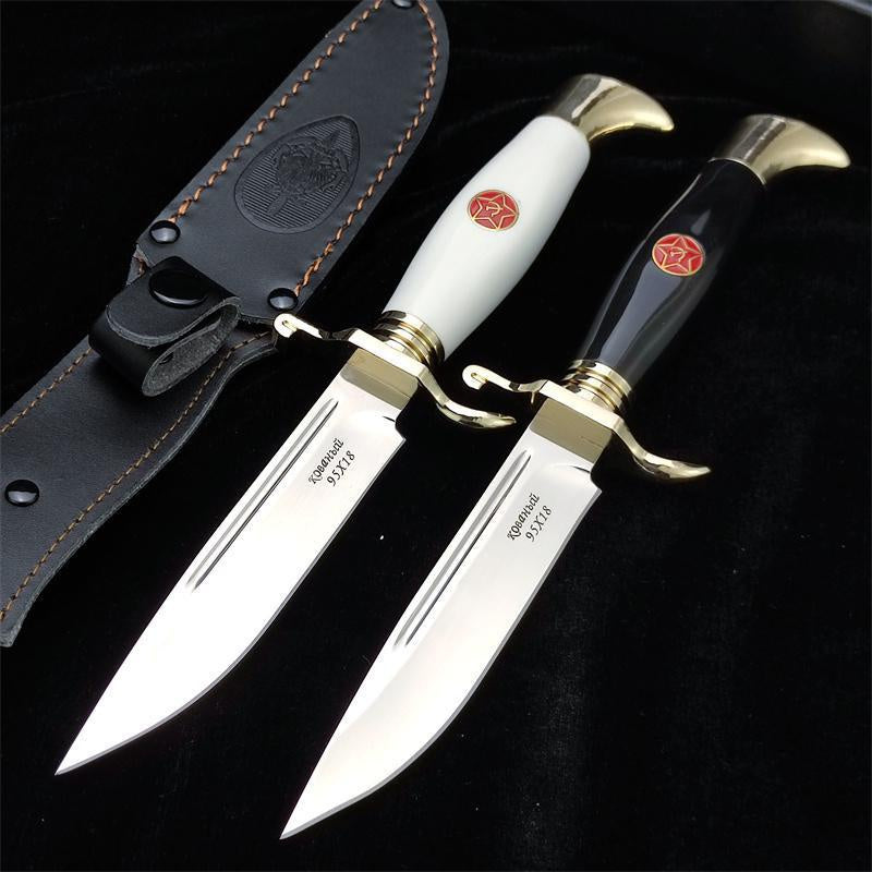 EW Russian Finka NKVD (KGB) Wit Fixed Blade Knife 95X18 Mirror Polish Drop-Point Blade Black/White Acrylic Handle Black Sheath Camping Hunting Jungle Stright Knife (2 style)