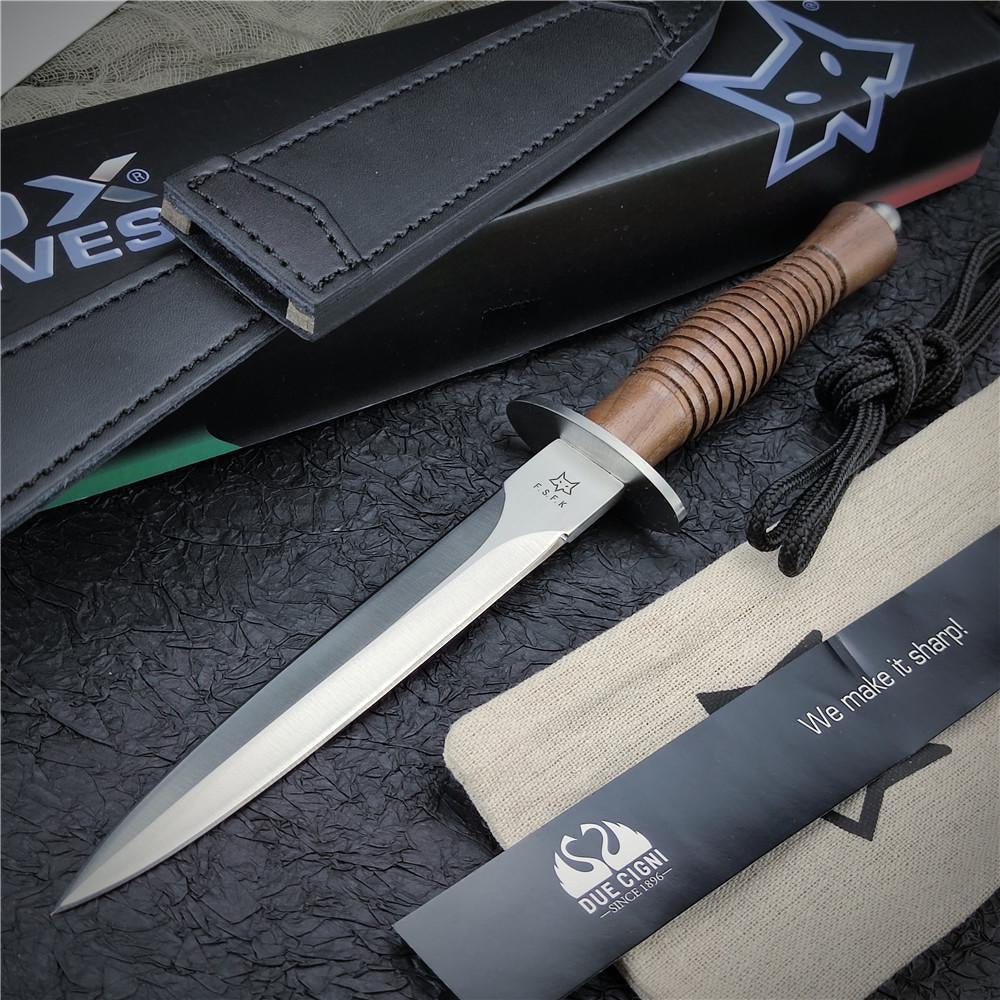 FOX 593 Outdoor Hunting Combat Bayonet Knife Tactical Folding Knife Dagger Survival Army Military Knife Blade with Cowhide Sheath