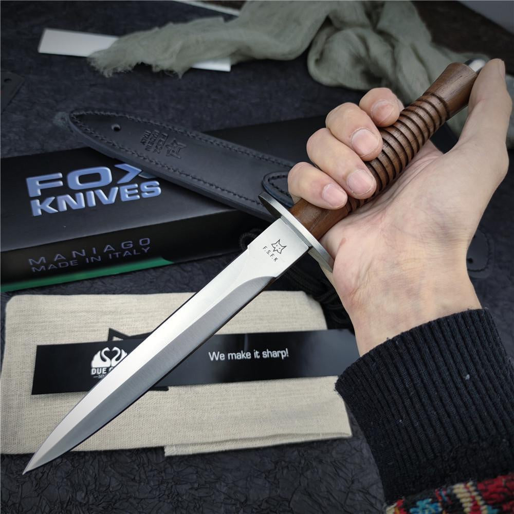 FOX 593 Outdoor Hunting Combat Bayonet Knife Tactical Folding Knife Dagger Survival Army Military Knife Blade with Cowhide Sheath