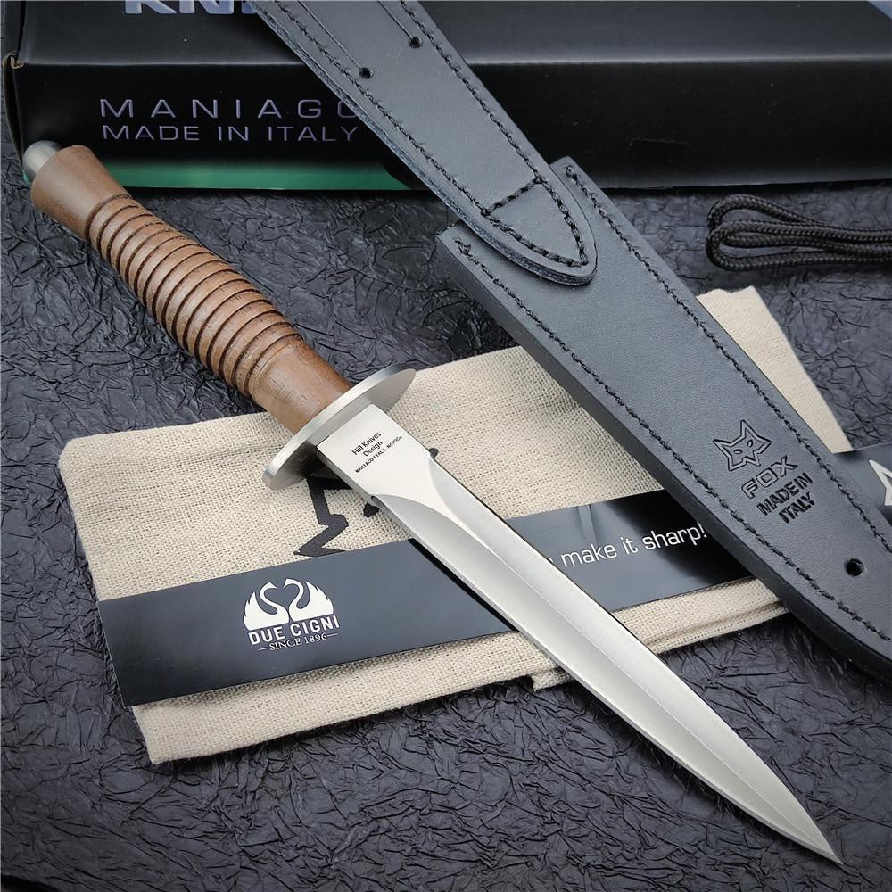 FOX 593 Outdoor Hunting Combat Bayonet Knife Tactical Folding Knife Dagger Survival Army Military Knife Blade with Cowhide Sheath