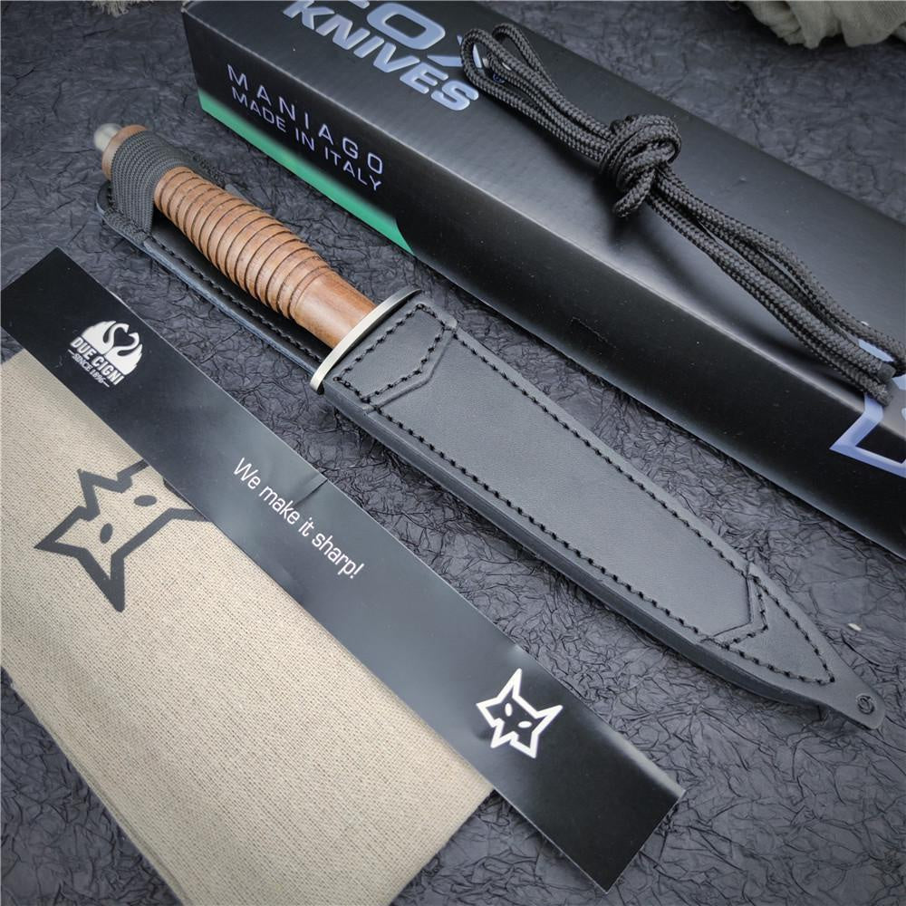 FOX 593 Outdoor Hunting Combat Bayonet Knife Tactical Folding Knife Dagger Survival Army Military Knife Blade with Cowhide Sheath