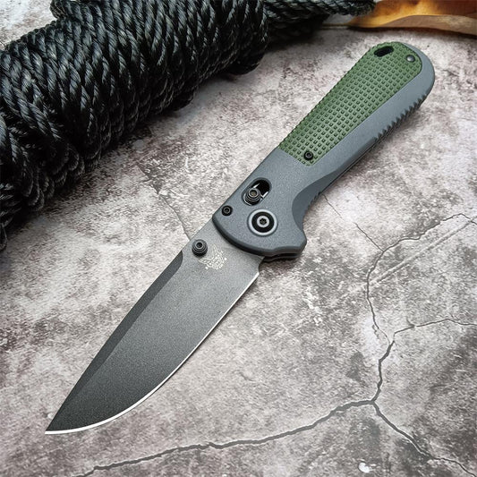 Benchmade 430 Redoubt AXIS Folding Pocket Knife 3.55" CPM-D2 Graphite Black Plain Blade, Gray and Blue Grivory Handles Benchmade 430BK Outdoor Tactical Camping Self defense EDCTool